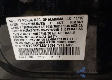 2008 Honda Pilot Vp из США, поврежденный, VIN 5FNYF28278B017684